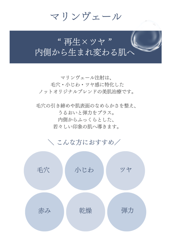 マリンヴェール注射は、 毛穴・小じわ・ツヤ感に特化した ノットオリジナルブレンドの美肌治療です。 毛穴の引き締めや肌表面のなめらかさを整え、 うるおいと弾力をプラス。 内側からふっくらとした、 若々しい印象の肌へ導きます。 “ 再生×ツヤ ” 内側から生まれ変わる肌へ